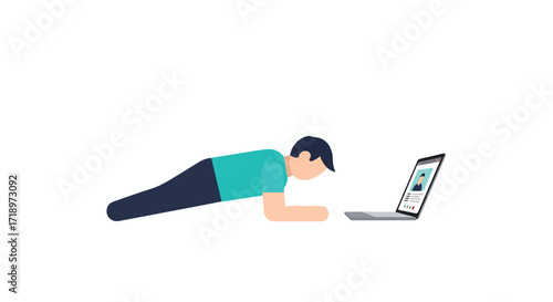 Animated character performing a plank exercise while attentively viewing content on a laptop computer screen