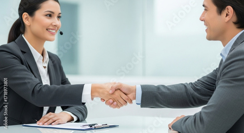Wallpaper Mural A smiling businesswoman in a suit shakes hands with a businessman across a table, symbolizing a successful business agreement or interview. Torontodigital.ca