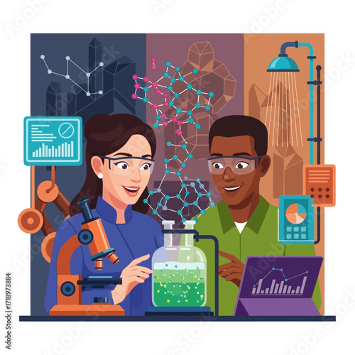 Innovative scientists collaborating on new research, developing cutting edge solutions in modern laboratory environment for scientific advancement and discovery