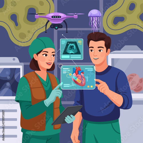 Futuristic medical consultation using drone technology and digital interfaces for innovative patient care and advanced diagnostics in a modern medical facility