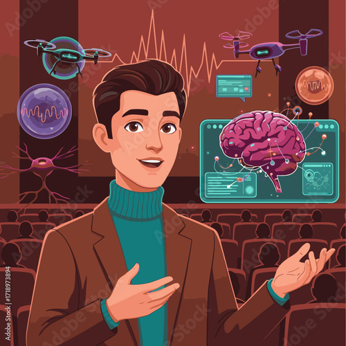 Dynamic speaker presenting future neuroscience research with drones and brain scans to an interested audience, showcasing modern technology solutions