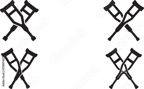 A set of Crossed crutches black and white silhouette vector illustration flat design