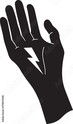 Hand with lightning bolt power energy symbol black white silhouette vector illustration