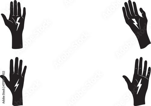 A set of Hand with lightning bolt power energy symbol black white silhouette vector illustration