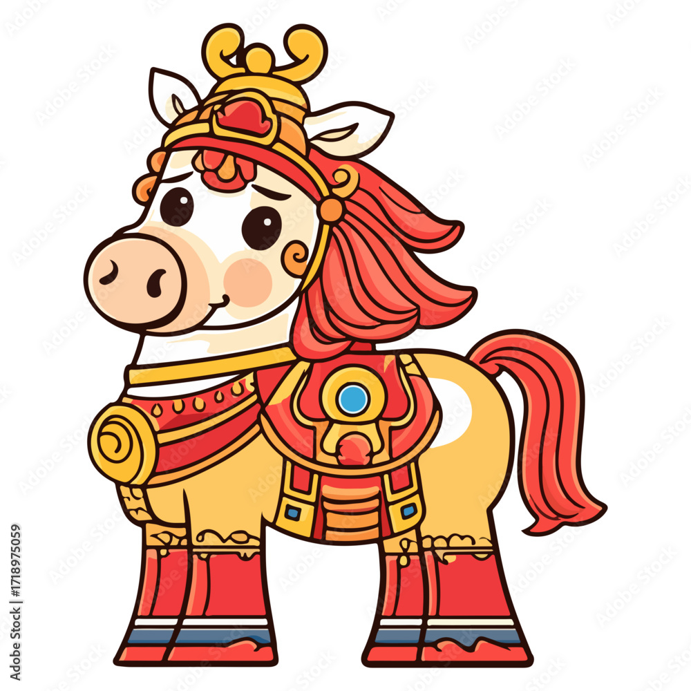 Naklejka premium god of wealth horse, asian, horse, dressed up for new year festival celebration, vector, transparent background, asia, animal, festival, culture, isolated, mammal