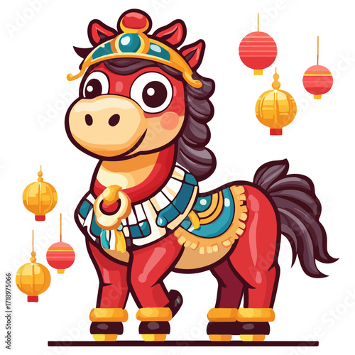 god of wealth horse, asian, horse, dressed up for new year festival celebration, vector, transparent background, asia, animal, festival, culture, isolated, mammal