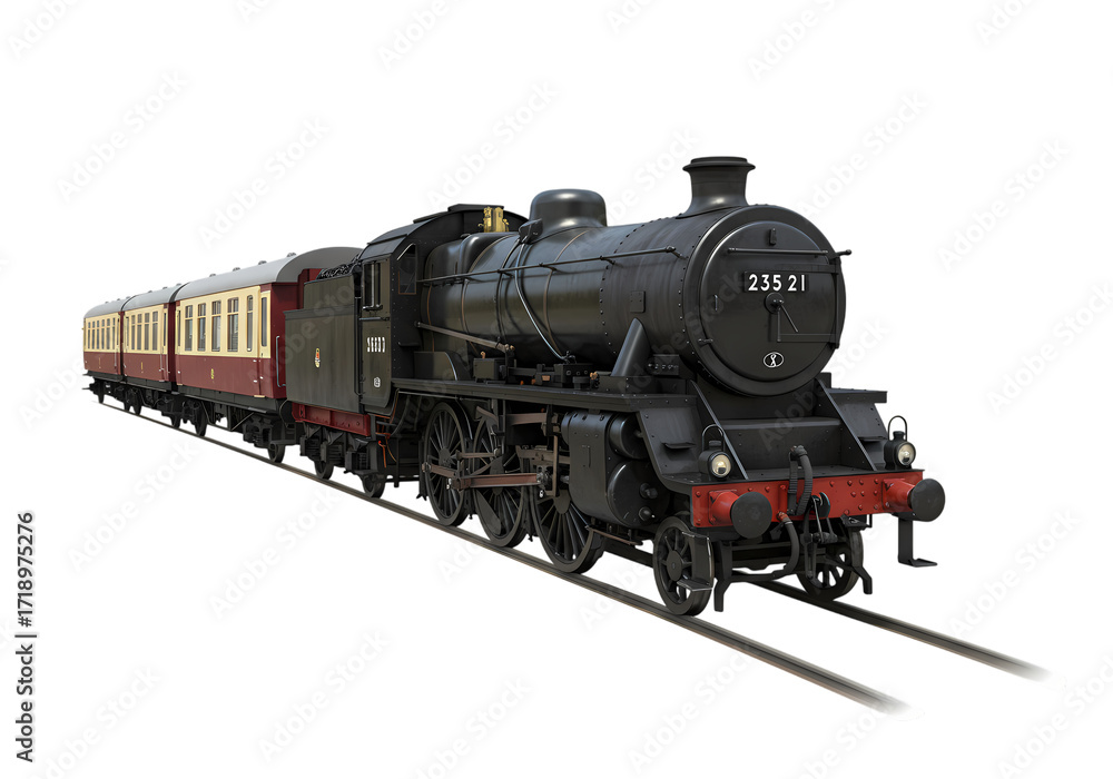 Obraz premium Free Transparent PNG Rustic Vintage Steam Locomotive and Passenger Cars on Tracks
