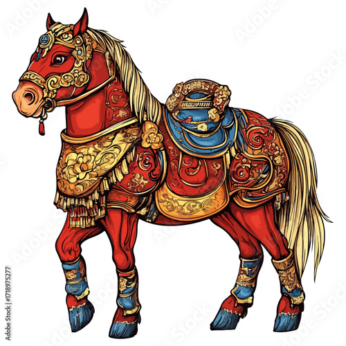god of wealth horse, asian, horse, dressed up for new year festival celebration, vector, transparent background, asia, animal, festival, culture, isolated, mammal