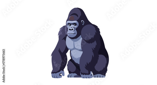 Cartoonistic and strong gorilla with flat illustration showing its fur and powerful muscles in front view against a white background