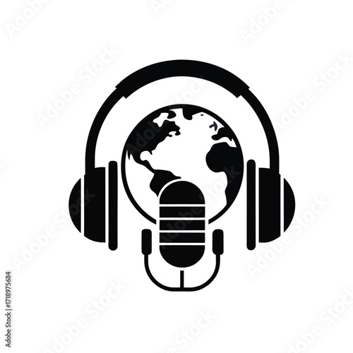 Microphone with Globe and Headphones Icon for Global Podcasting