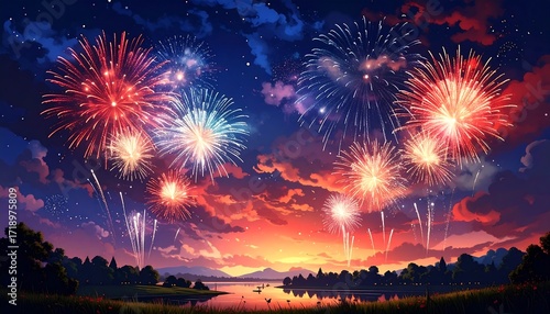 Fototapeta Naklejka Na Ścianę i Meble -  Fireworks display over a tranquil lake at sunset