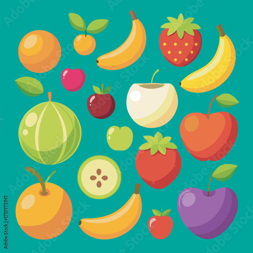 Colorful Cartoon Fruit Still Life Featuring Apples Bananas Strawberries Oranges and Plums
