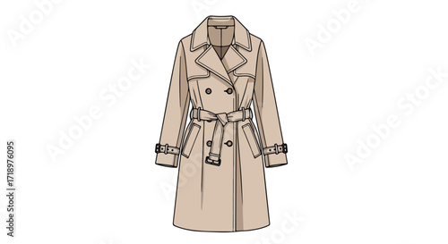 Detailed Illustration of a Classic Trench Coat Design Emphasizing Its Stylish and Timeless Aesthetic Appeal Embodying Sophistication and Elegance