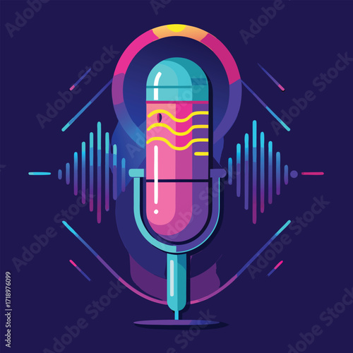 Neon Microphone with Colorful Sound Wave Illustration