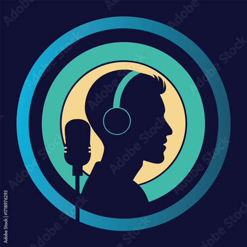 Podcaster Profile with Microphone and Sound Waves Vector Illustration