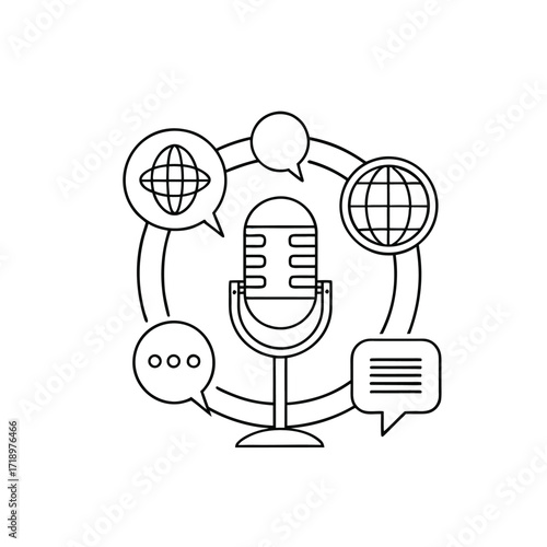 Podcaster Sitting at Desk with Headphones and Microphone Line Drawing