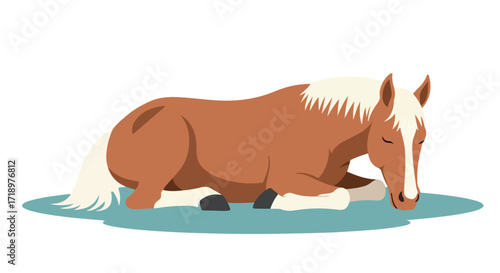 Restful equine: A serene cartoon illustration of a chestnut horse taking a nap on a cool blue surface