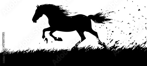 illustration of a black horse running in grass