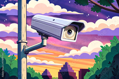 Vector illustration of a CCTV security camera mounted on a lamp post during the day, with clear blue sky background. Modern surveillance, safety, and monitoring concept.