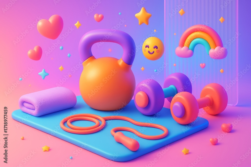 Fototapeta premium Colorful gym equipment with happy fitness theme on vibrant pink and purple background, surrounded by floating hearts and stars. Ai generative