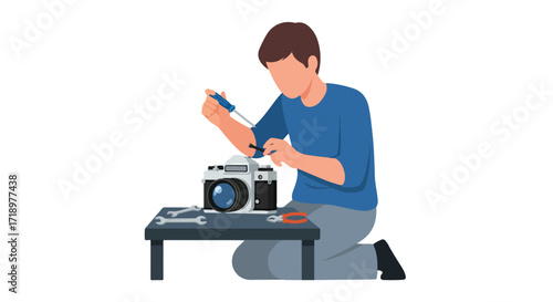 Illustrative artwork depicting a technician repairing a vintage camera with precision tools on a clean tabletop providing a modern representation