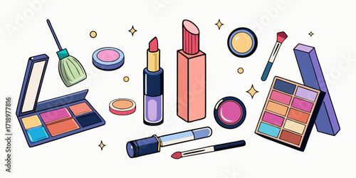 Generate a clean, high-quality image showcasing an array of makeup products, including lipsticks, eyeshadow palettes, blushes, and foundations. The products should be arranged in a floating or scatter