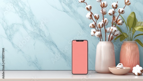 A coral-colored phone sits on a marble surface with cotton branches and plants in vases