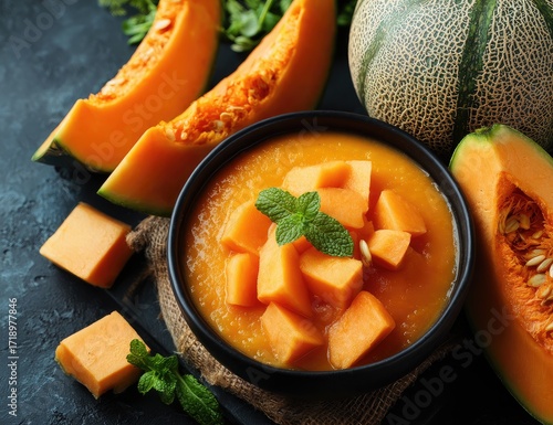 Bowl of pumpkin soup with melon slices