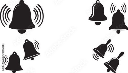 A set of bell ringing sound waves notification silhouette vector, black and white silhouette vector illustration