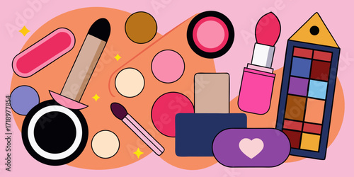 Generate a clean, high-quality image showcasing an array of makeup products, including lipsticks, eyeshadow palettes, blushes, and foundations. The products should be arranged in a floating or scatter