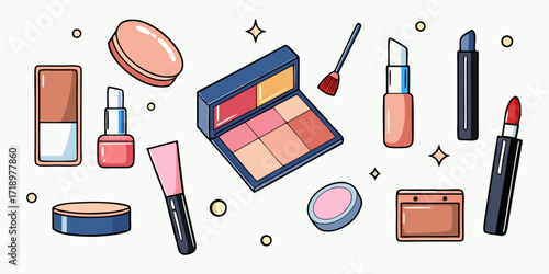 Generate a clean, high-quality image showcasing an array of makeup products, including lipsticks, eyeshadow palettes, blushes, and foundations. The products should be arranged in a floating or scatter