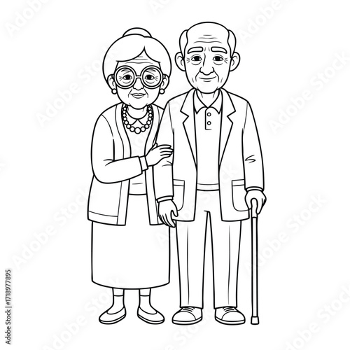 A black and white line art illustration of a smiling elderly couple grandparents standing together.