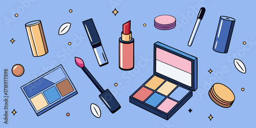 Generate a clean, high-quality image showcasing an array of makeup products, including lipsticks, eyeshadow palettes, blushes, and foundations. The products should be arranged in a floating or scatter