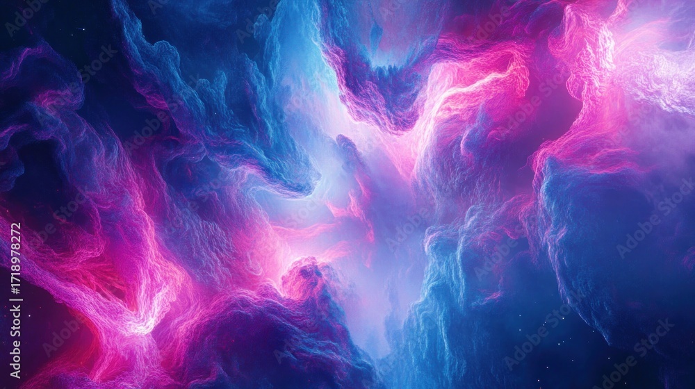 Obraz premium A surreal abstract scene with glowing neon light trails and vibrant gradients in pink, blue, and purple, cutting through a dark background for a mysterious effect