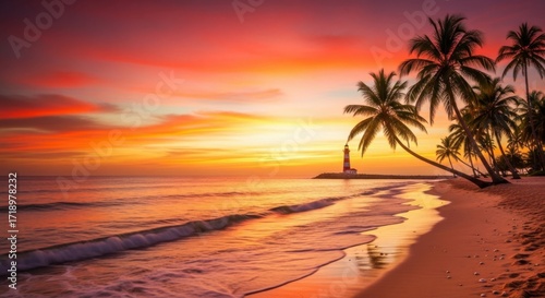 Vibrant Sunset Over Tropical Beach With Palm Trees and Lighthouse