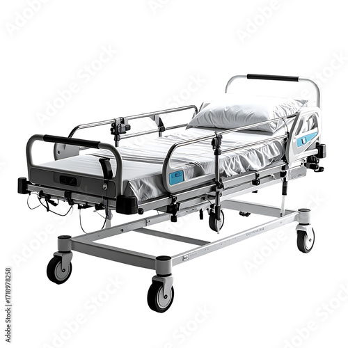 A white hospital bed on wheels with side rails, a mattress, and a pillow; it features a modern, minimalist design