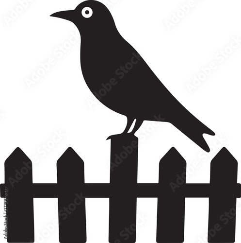 crow bird perched on fence silhouette vector, black and white silhouette vector illustration