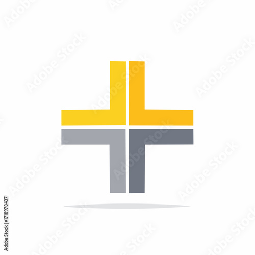 Stylized plus sign logo with four L-shaped quadrants, two yellow and two grey, on a white background, representing growth or medical care.