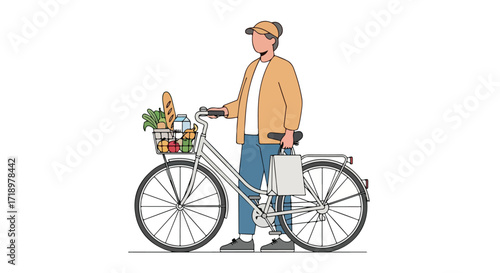 Illustration of a cyclist with groceries in a basket riding a bike, showcasing a sustainable lifestyle and urban commuting featuring healthy food