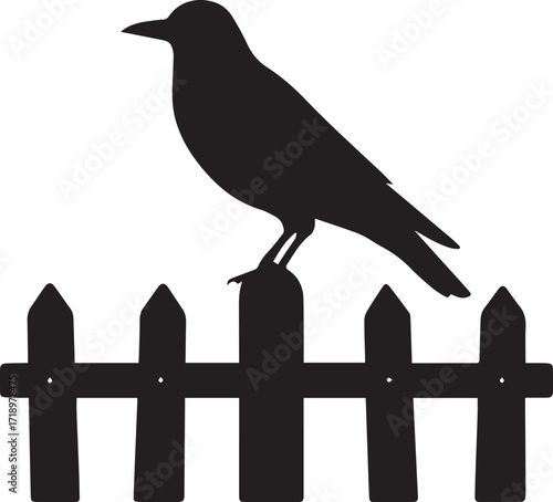 crow bird perched on fence silhouette vector, black and white silhouette vector illustration