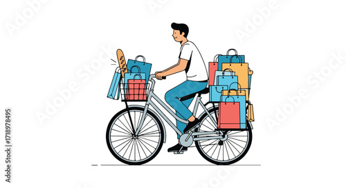 Man on bicycle with lots of shopping bags, showing a consumerist lifestyle and eco-friendly transportation solution with lots of purchases