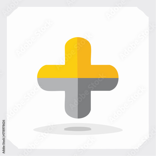 A plus sign split in half with yellow and gray colors.