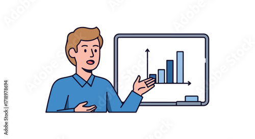 Animated businessman presenting a rising bar graph on a whiteboard, showcasing positive trends in a professional setting