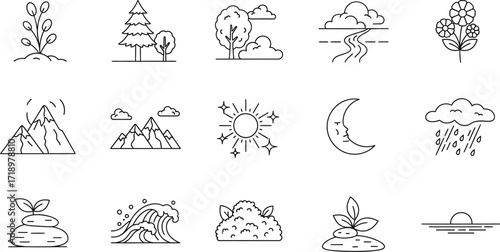 Set of nature icons in line style, including plants, trees, mountains, sun, moon, clouds, and water