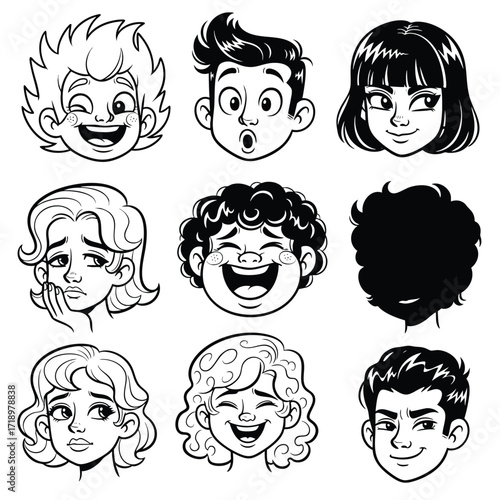 A collection of nine diverse cartoon character faces showing a range of human emotions in black and white.