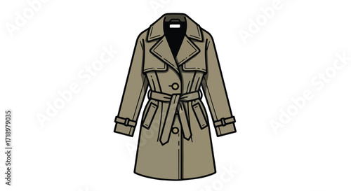 Illustrative representation of a classic khaki trench coat with black outlines on a plain background perfect for design templates