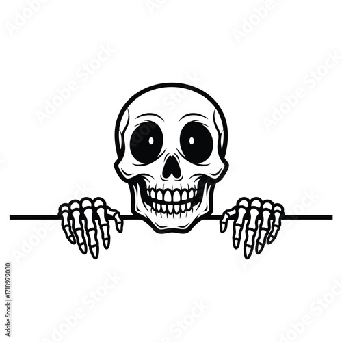 A curious cartoon skeleton skull with large eyes and bony hands peeking over a horizontal line.