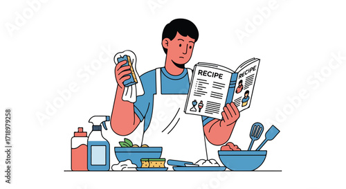 Engrossed home cook meticulously reading a recipe book while preparing ingredients for a culinary creation at home