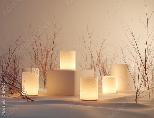 Warm, minimalist scene with glowing cylinders and branches