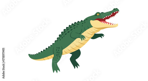 Cartoon Alligator with Open Mouth Standing Upright on White Background - Scaly Reptile with Visible Teeth